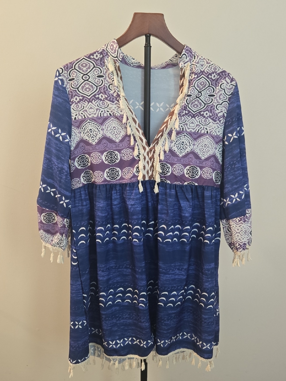 SHEIN Blue and Purple Boho Tunic with Tassel Trim